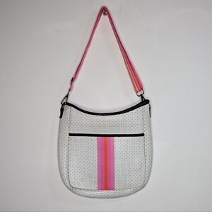 Parker & Hyde White Pink Orange Striped Neoprene Crossbody Bag